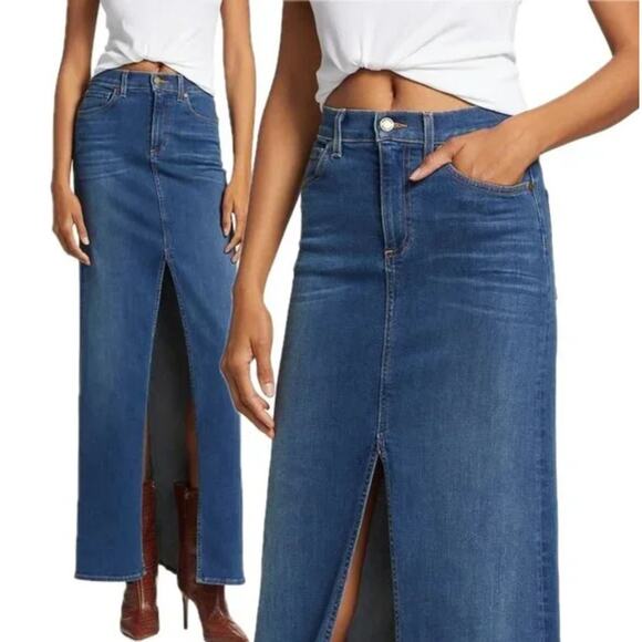 Ramy Brook Madalyn Denim Maxi Skirt US 29 Blue Jean Front Slit Western Preppy - Picture 2 of 12